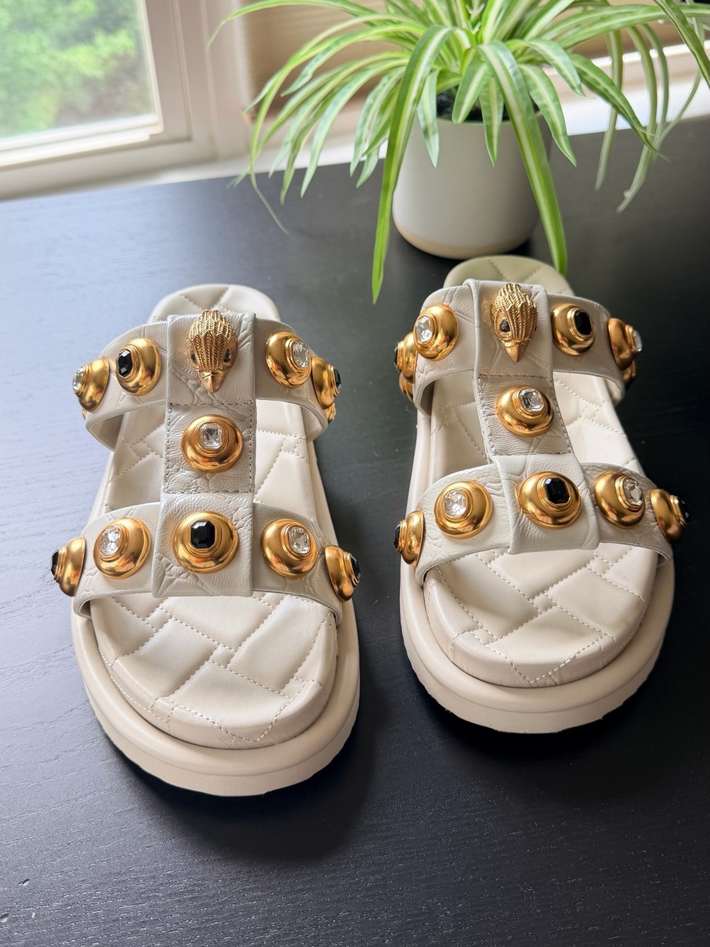 Kurt Geiger White Quilted Slide Sandals with Gold Stud Embellishments